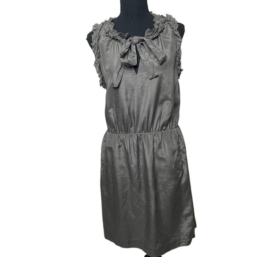 Gap Silk Blend Dress Tie‎ Neck Sleeveless Pleated Gray Sparkle S Feminine Ruffle